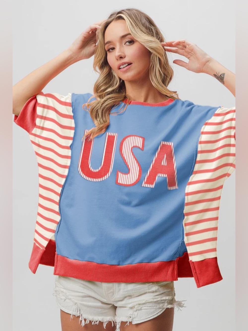BiBi S/S USA Blue Pullover Sweatshirt Red & White Stripes Oversized Wmn’s Sz Sml